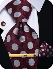 Mens Ties Silk Red Burgundy Tie and Pocket Square Cufflinks Tie Clip Set Wedd...