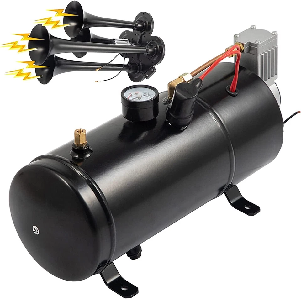 Air Horn Truck Train Horns Kit 12 Volt with Air Compressor 4 Trumpet 150db Black - Image 4 of 4