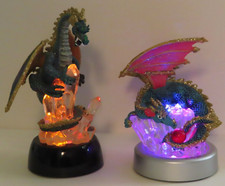  2 Blue Resin Dragon Figurines Acrylic on Acrylic with Light Stands