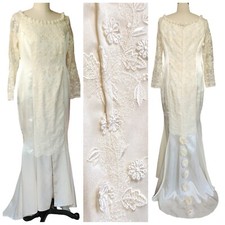 Vtg 1960s Ivory Cream Lace Applique Embroidered Ruffle Slit Wedding Dress M 10 