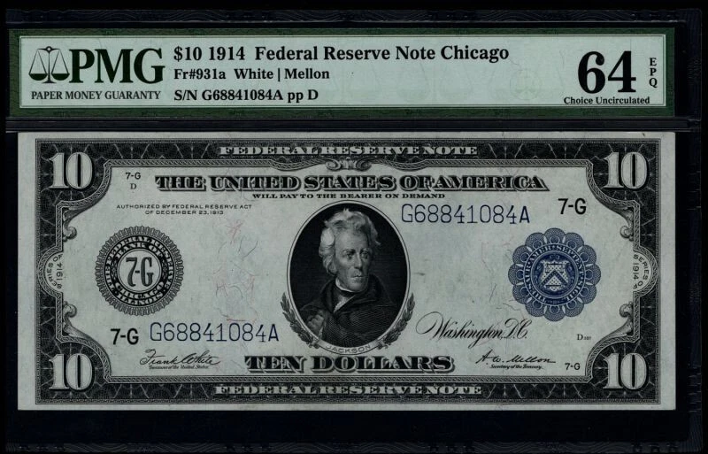 1914 $10 Federal Reserve Note Chicago 7-G Fr. 931a  SN G68841084A PMG 64 EPQ - Image 3 of 3