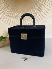1124⚜️ Ancienne Malette Vanity Valise de Toilette Bleue Marine en Tissu Vintage