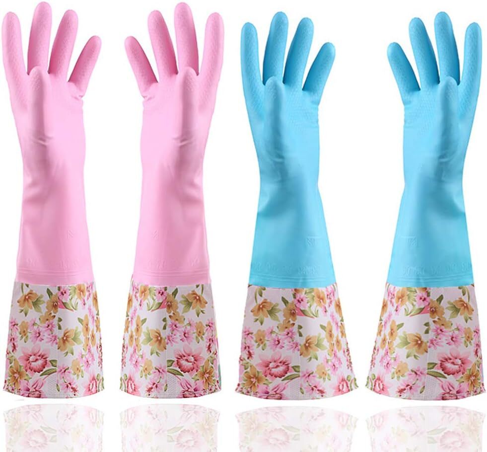 Rubber Latex Waterproof Dishwashing Gloves,2 Pair Medium Long Cuff Flock Lining