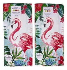 Set of 2 TROPICAL VIBES Pink Flamingo Terry Kitchen Towels by Kay Dee Designs