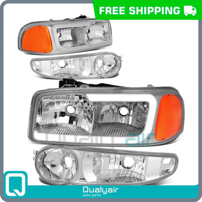 Headlights LED DRL Chrome Housing Amber For 00-06 GMC Yukon Denali