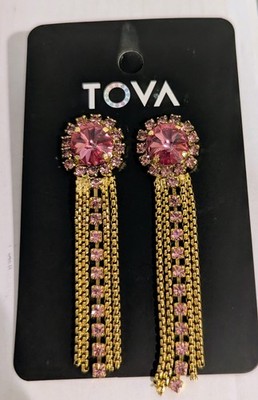TOVA Erika Dangle Drop Earrings Pink Crystals Gold Tone