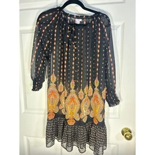 Xhilaration Black Boho Paisley Print Sheer Long Sleeve Mini Dress - M