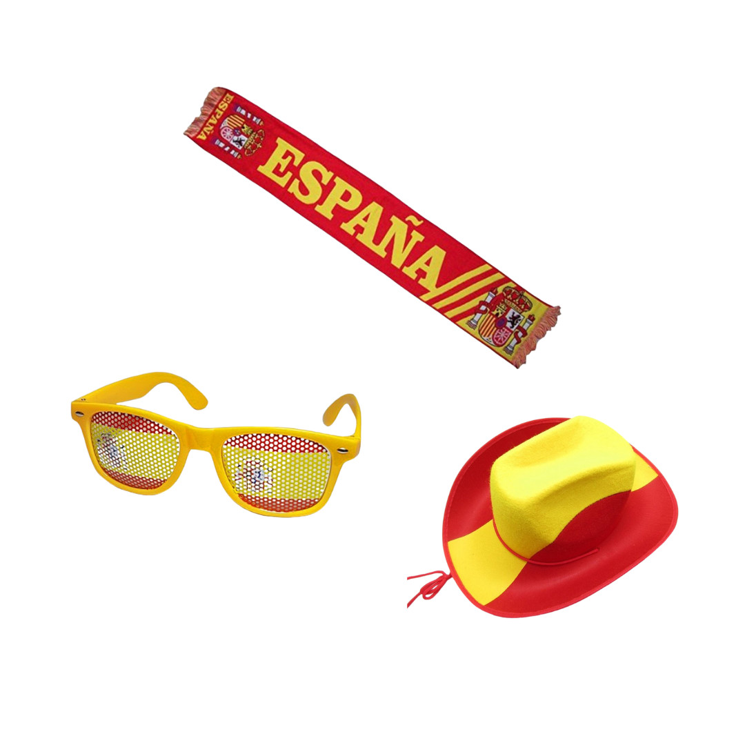 Pack supporter Espagne avec écharpe et chapeau de football pour éviter les coups de soleil
