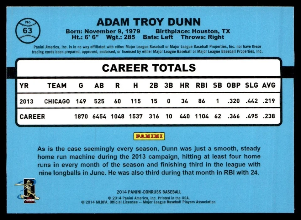 2014 Donruss Adam Dunn Chicago White Sox #63 - Image 2 of 2