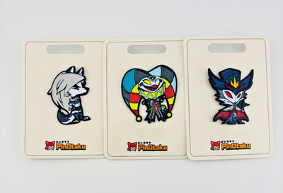 3x HELLUVA BOSS LOONA STOLAS FIZZAROLLI PINOTAKU ENAMEL PIN SET IN HAND