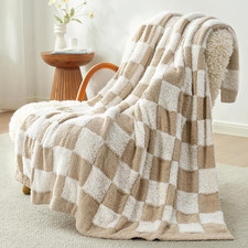 Checkered Throw Blanket Faux Fur Microfiber Blankets for Couch,Cozy Soft Warm Bl