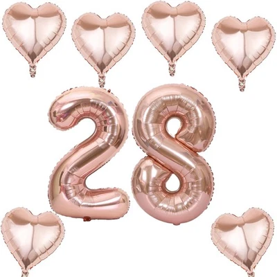 Ballon rose or numéro 28 +6 pcs coeur ballon hélium 28e anniversaire décorati... - Photo 1/4