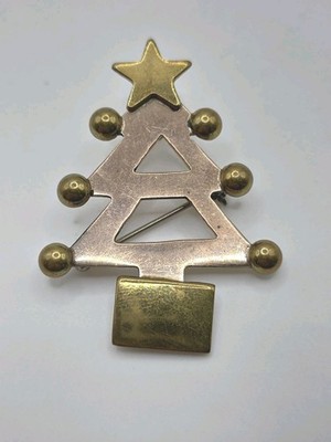 Vtg Hob Mexico Sterling Silver 925 & Brass Christmas Tree Brooch Pendant 9.8g