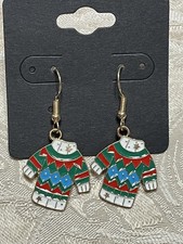 Retro Christmas Sweater Holiday Gold Loop Enamel Drop Dangle Adorable Earrings