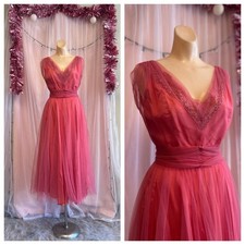 Vintage 40s 50s Prom Party Tea Length Dress Pink Tulle Sleeveless A Line XS
