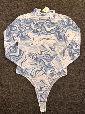 Primark Blue/White Stretch Snap Long Sleeve Bodysuit Size M