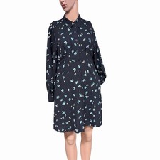 Womens Uniqlo Floral Mini Shirt Dress Black Sz M Pockets Rayon Boho Cottage