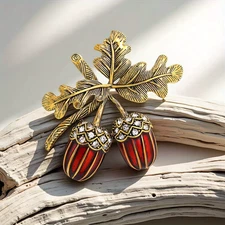 Vintage Rhinestone Acorn Brooch – Gold Autumn Leaf Pin, Fall Nature Jewelry Gift