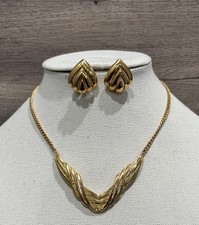 Beautiful Gold Tone Statement Necklace  Pierced Earrings Set