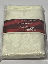 Set of 4 Ivory Yule Tidings Damask Dinner Napkins Linens n Things NOS