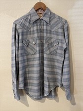Vtg Tem-Tex Blk Check GABARDINE Western Shirt M 40s 50s Snaps Scalloped Pockets
