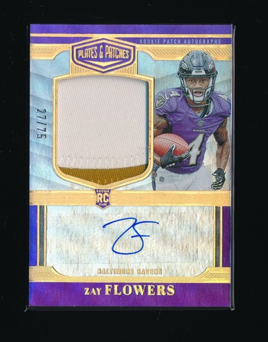ZAY FLOWERS 2023 PANINI PLATES & PATCHES ROOKIE PATCH GOLD RC AUTO 27/75 RAVENS