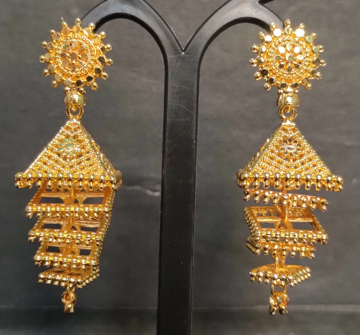 22K Gold Plated Indian 3 long Gorgeous Jhumka Wedding Earrings