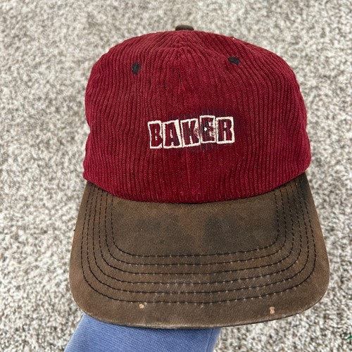 Vintage BAKER Skateboards Dark Red Corduroy Snapback Hat Distressed Skate Y2K