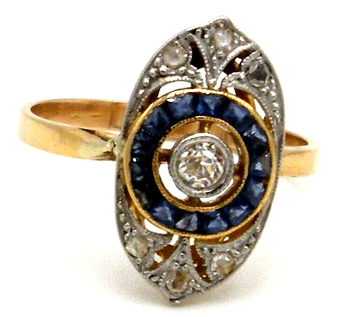 Beautiful Art Deco 18K Gold With Diamonds and Sapphires Ring