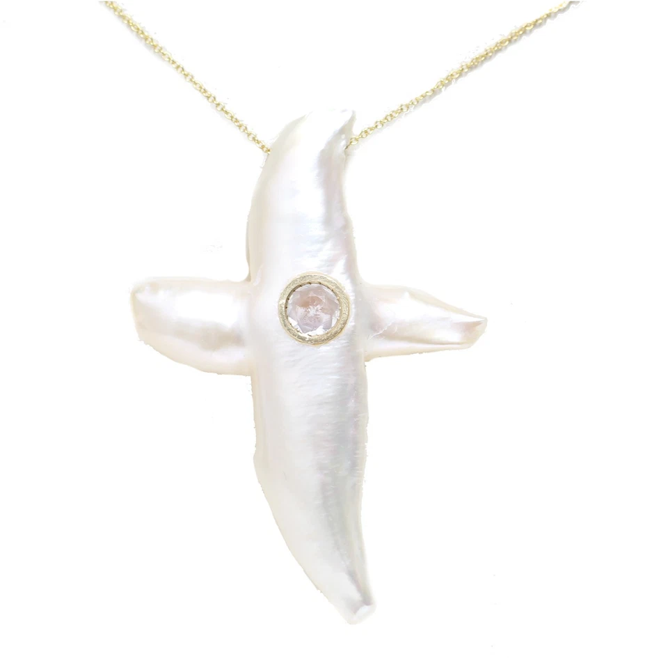 Collar Colgante Cruz Oro Amarillo 14k Zafiro Blanco Perla 16" 17" y 18"