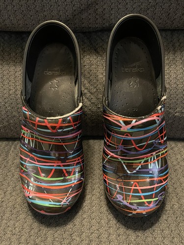 Gently Worn Dansko Clogs Size 38 Black Stripes Squiggly Lines