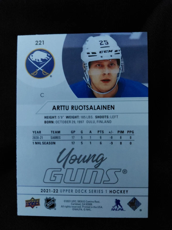 2021-22 Upper Deck Arttu Ruotsalainen Young Guns #221 UD Series 1 Rookie - Image 2 of 2