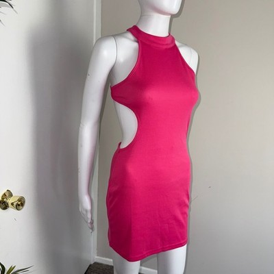 Micas Hot Pink Mini Dress Ribbed Halter Cutout Backless Party Club Size M