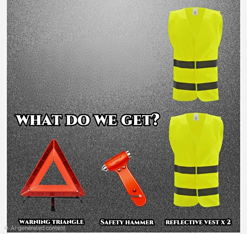 4-in-1 Car Emergency Kit - Warning Triangle, 2 x Hi-Vis, Window Hammer