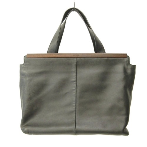 LOEWE Leather Tote Bag Black Wood Trim Women Used Authentic