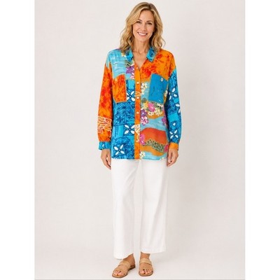 Surya Vintage Tropical Patchwork Rayon Button Front Blouse Shirt Medium