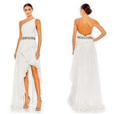 NWT Mac Duggal Sz 0 White Pleated Gown Asymmetrical Jeweled Greek Goddess Dress