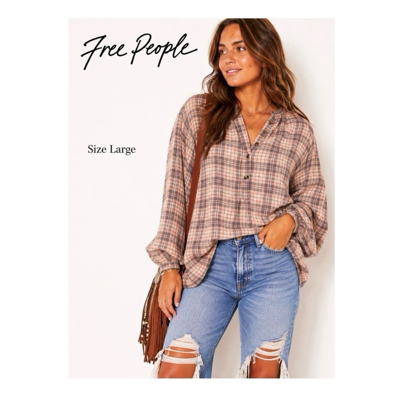 Free People Beige Plaid Oversized Boho Flannel Tunic Top Size Large 
