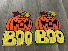 2 Halloween Decor Vintage Needlepoint Wall Hang Handmade Pumpkin Boo 13"