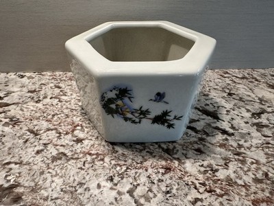 Small Hexagon White Glazed Ceramic Flower Pot Planter Bird & Branch Design