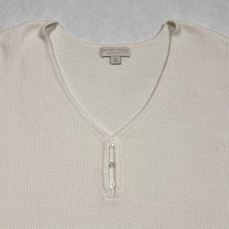 Barefoot Dreams CozyChic Ultra Lite acanalado Henley crema blanco roto para mujer 2X Foto 2 de 4