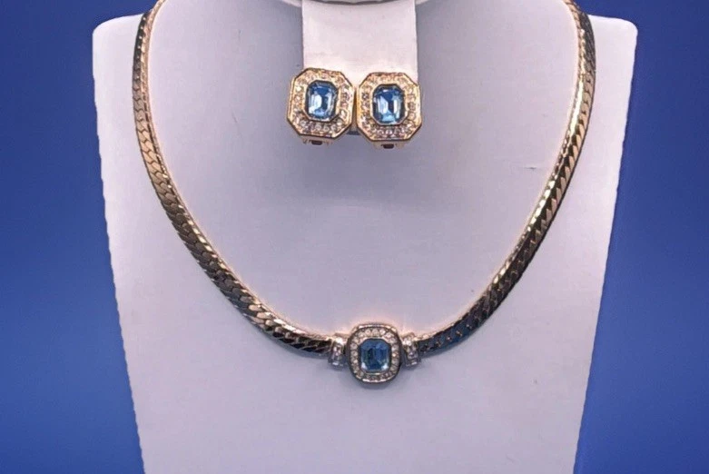 迪奥金色珠宝套装项链耳环蓝色宝石 — 第 2/4 张图片