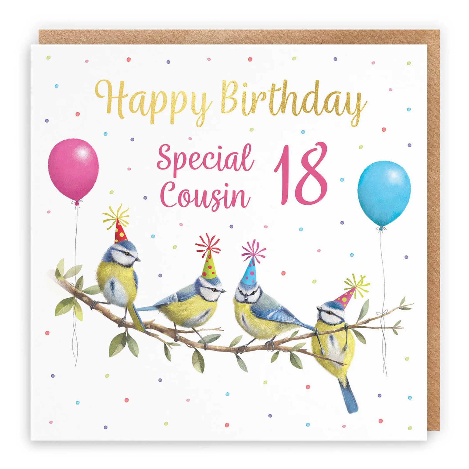 18th Female Cousin Blue Tits Birthday Card Gold Foil Milo's Gallery