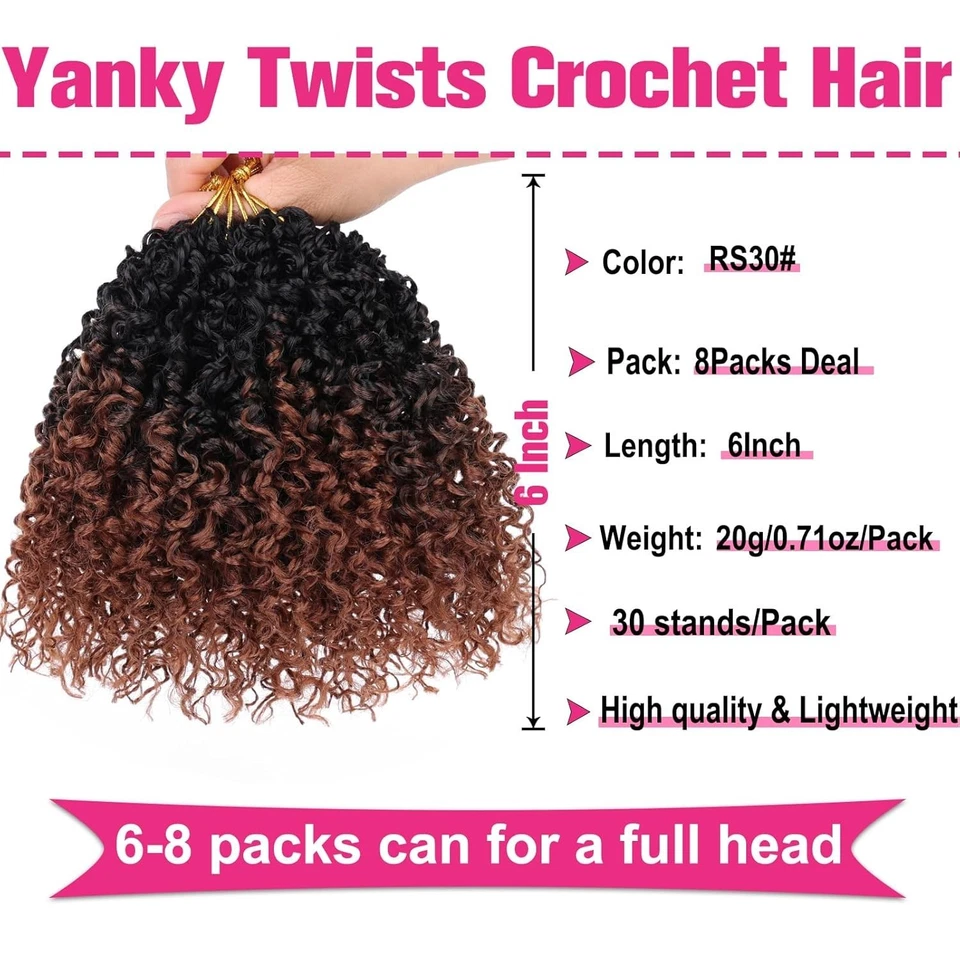 Cabelo de crochê Union Beauty 6 polegadas pré-loopado Yanky Twist 8 pacotes 30 fios/peças - Imagem 2 de 4