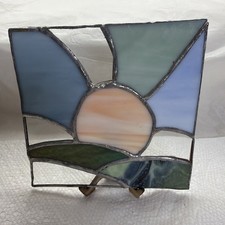 Stained Glass Suncatcher. 6x6 Sunrise Sky Grass Handmade Blue Green Pale Coral