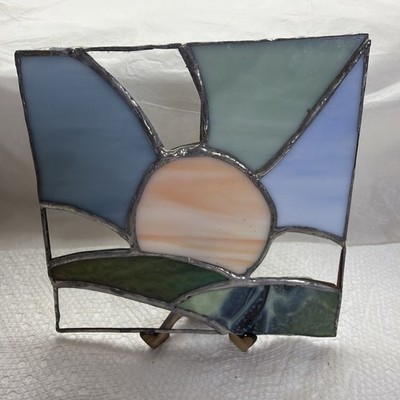 Stained Glass Suncatcher. 6x6 Sunrise Sky Grass Handmade Blue Green Pale Coral
