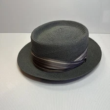 Vtg Barlesoni Grey Straw Pork Pie hat Milan Weave Made In USA 7 1/2