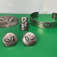 Vintage Sterling SET -STUART NYE Art Deco Engraved Pinecone Marked sterling set