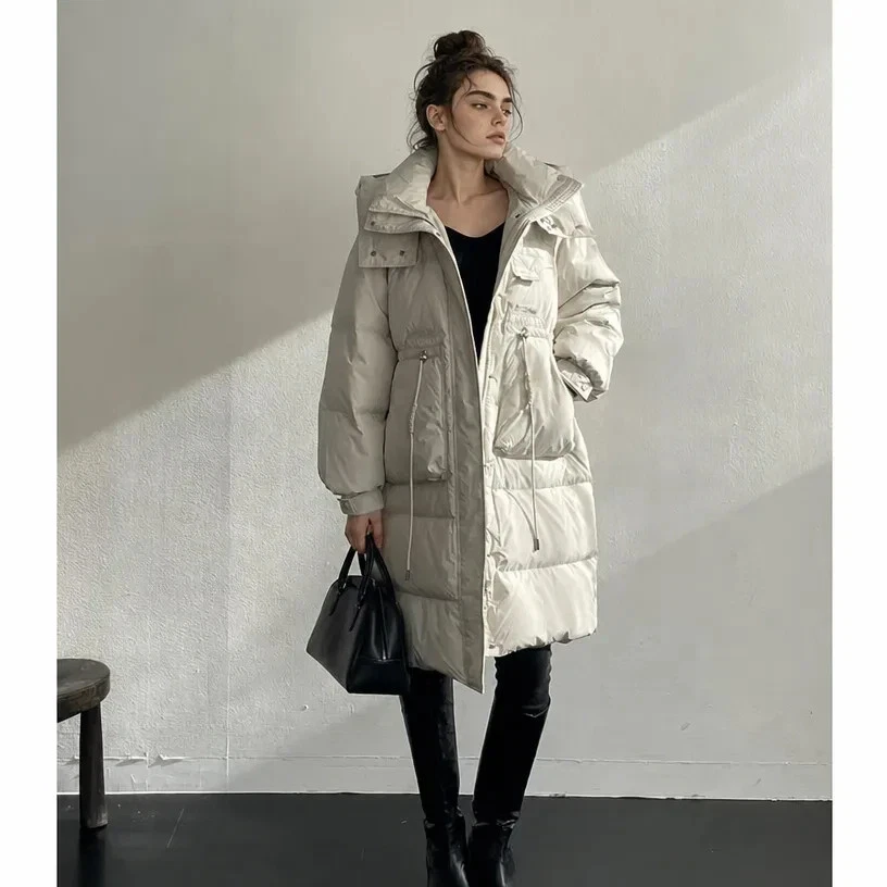 Women's Premium 90/10 Duck Down Long Puffer Coat Hooded Quilted Winter White