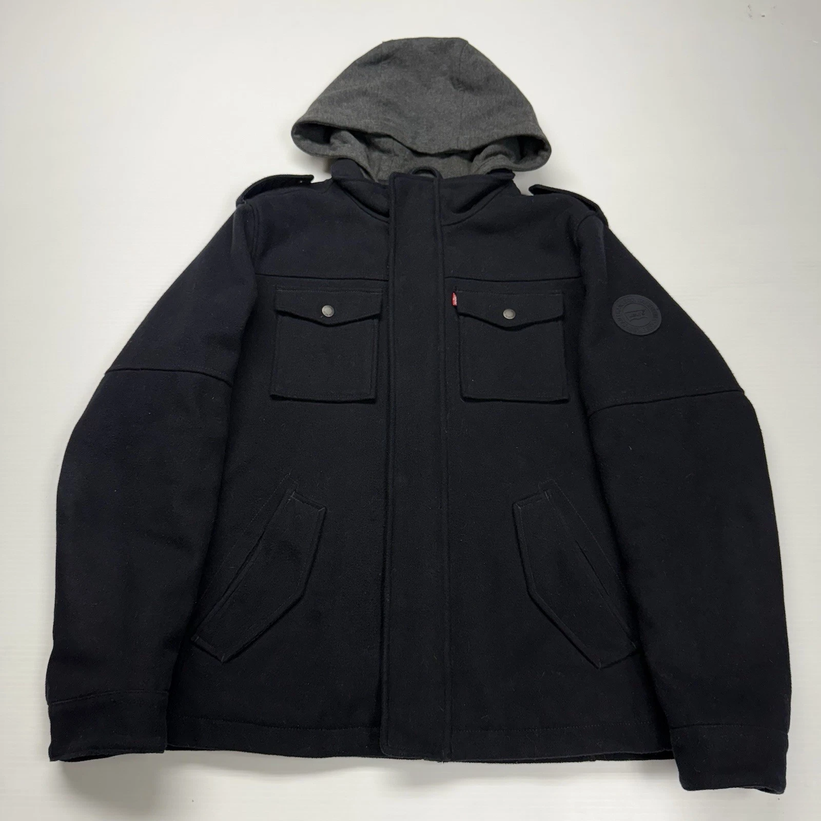 Levis Quilted Wool Blend Hooded Mens Military Jacket M Navy Minor Wear Outdoor